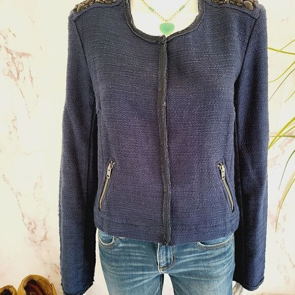 American Eagle Outfitters navy blue tweed embellished blazer - Picture 5 of 8